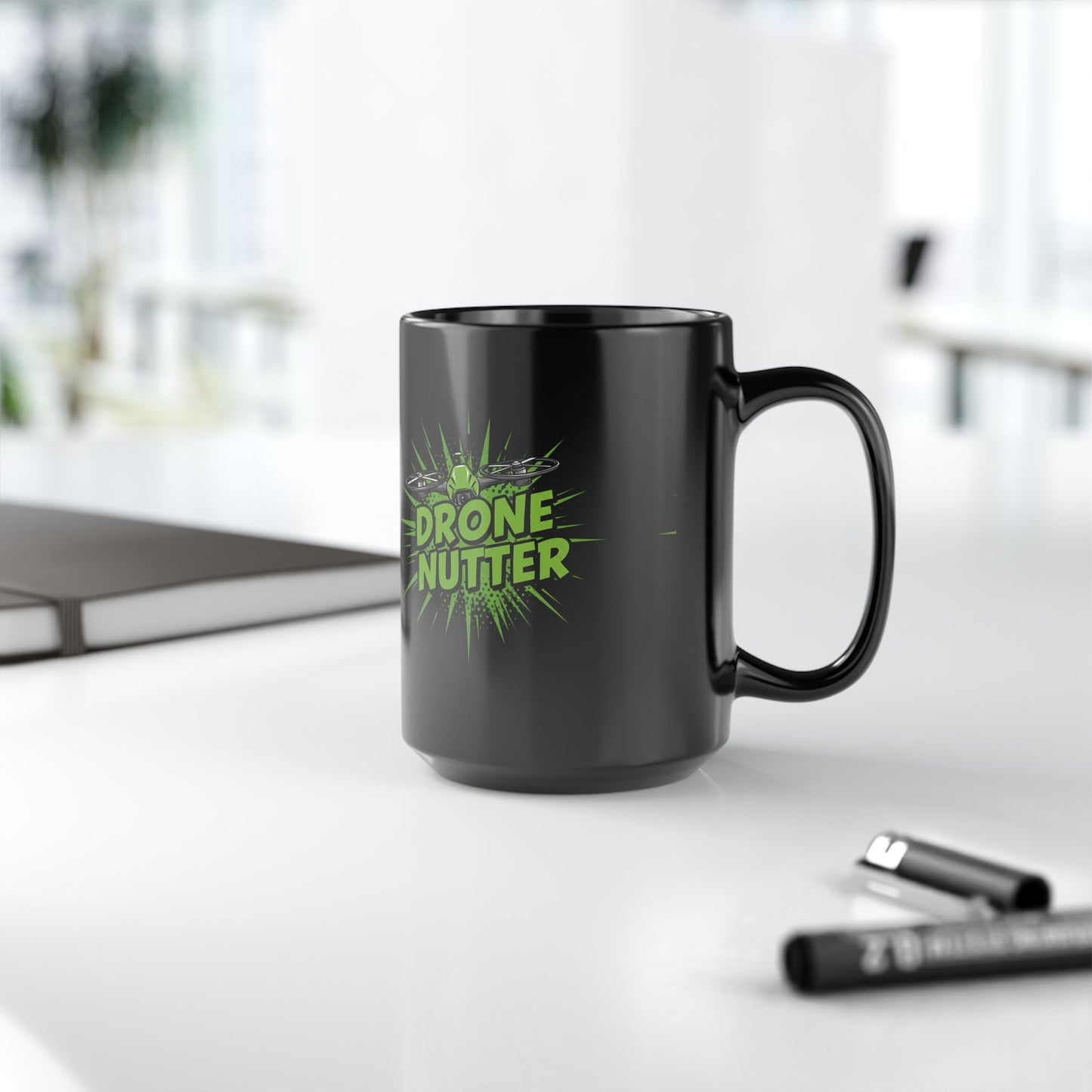 Drone Nutter Black Mug, Funny Gift for Drone Lovers, 11oz and 15oz Coffee Cup, Unique Drone Pilot Present, Geeky Kitchen Decor